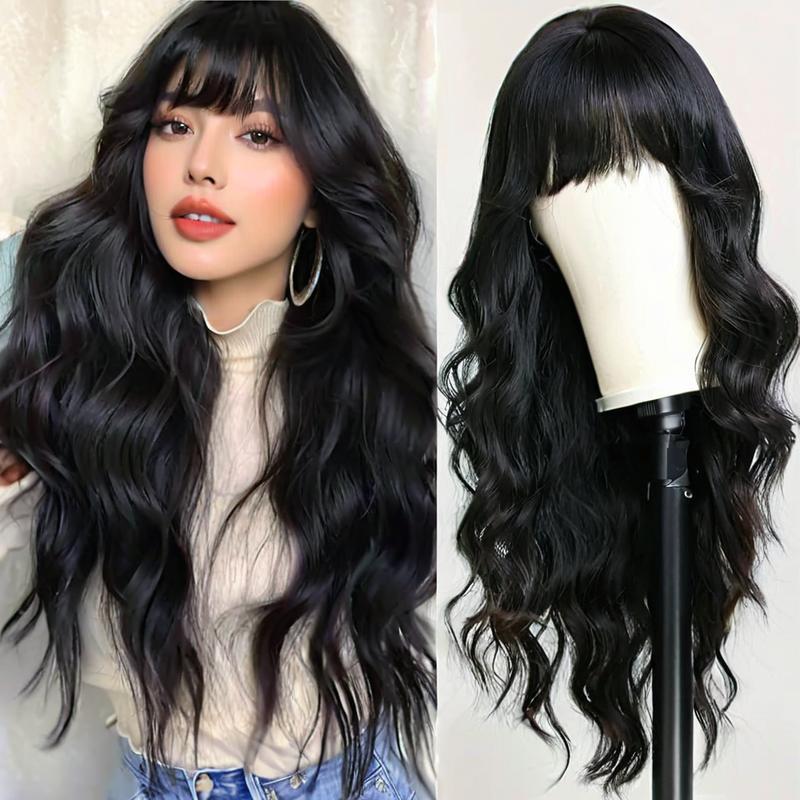 Wig bangs big wave wig women's long curly hair synthetic full head cover Black,As picture