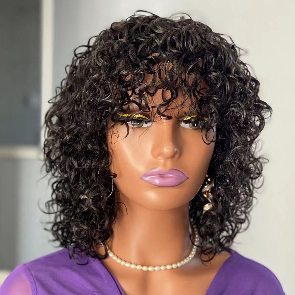 Water Wave Fringe Human Hair Wigs with Bangs