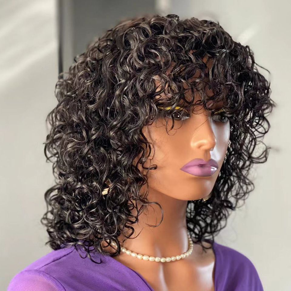 Water Wave Fringe Human Hair Wigs with Bangs