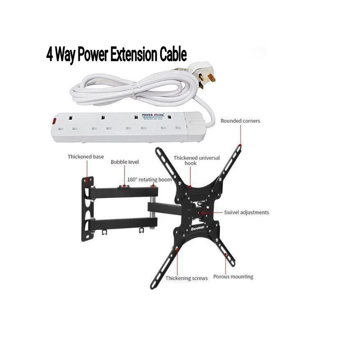 Power King Universal Best 4-Way Power Extension 3m Long Cable + Free Home Design 14" - 55" Direction Change Swivel Wall Mount TV Bracket / Tv Wall Stand Bracket For 14/15/18/19/24/29/32/39/40/42/43/49