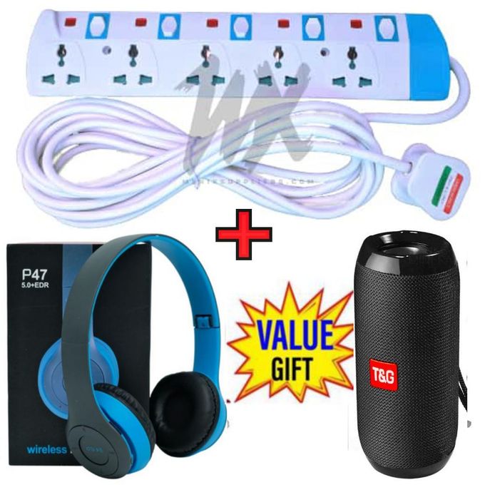 Power King >5 Way Extension Cable >Power Extension Cable +Bluetooth Wireless Headphones+ Bluetooth Speaker