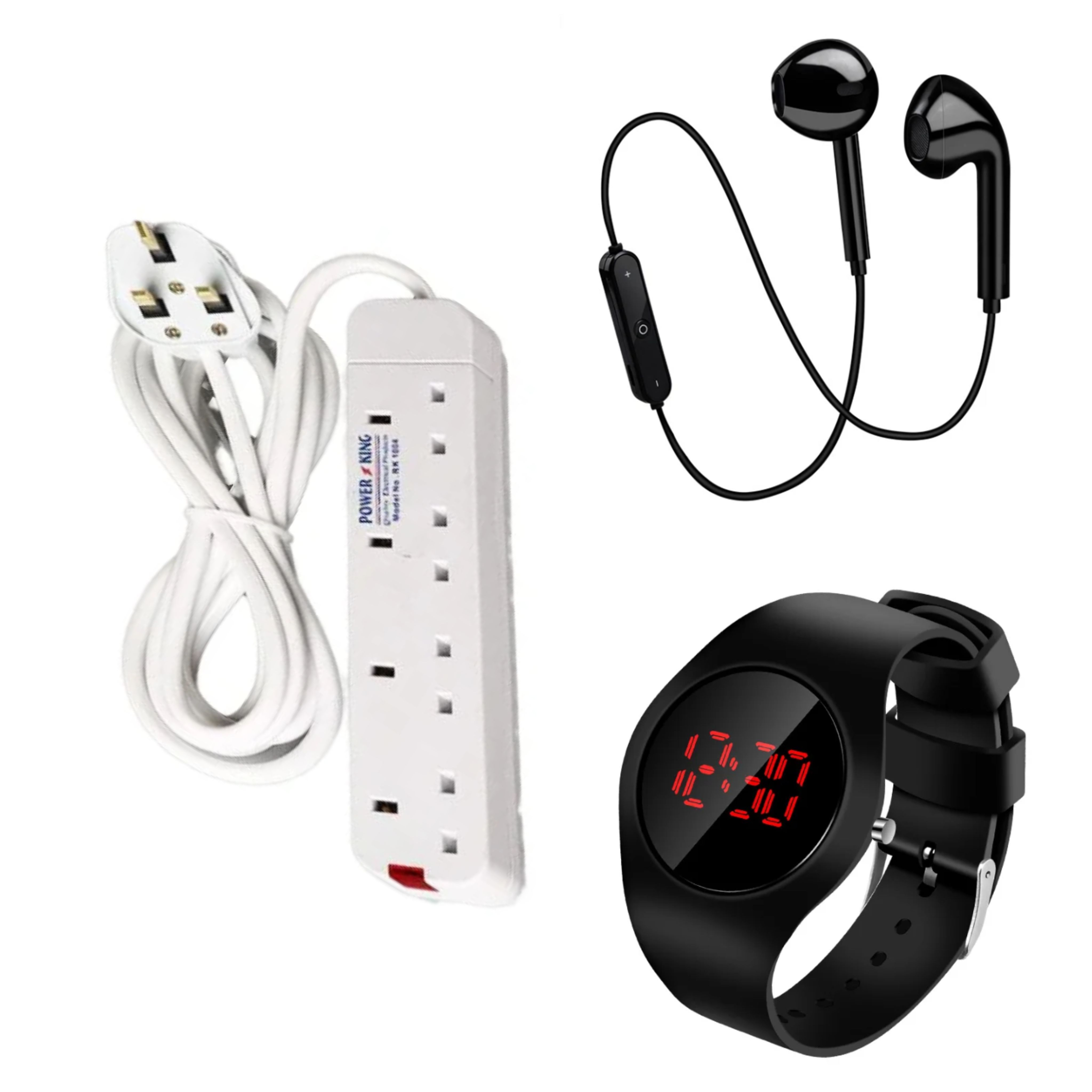 Power King TV Guard +Fridge Guard Support Extention // Heavy Duty// Power Socket Extension Cable,4WAY + Free Neckband Bluetooth Earphones & Watch