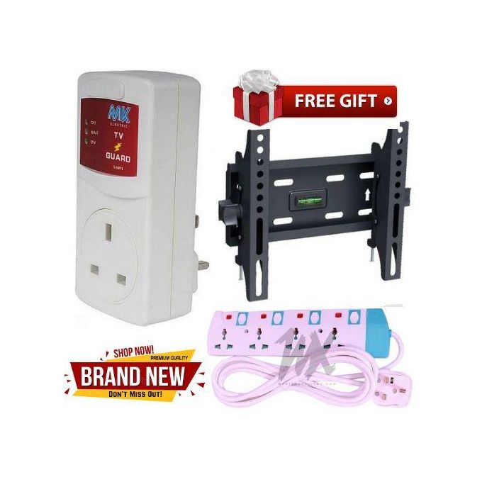 4 WAY EXTENSION LONG CORD WITH FUSED PLUG + TV Guard  + Heavy Duty TV Wall Mount Bracket 43 Inch For Digital Smart TV HD