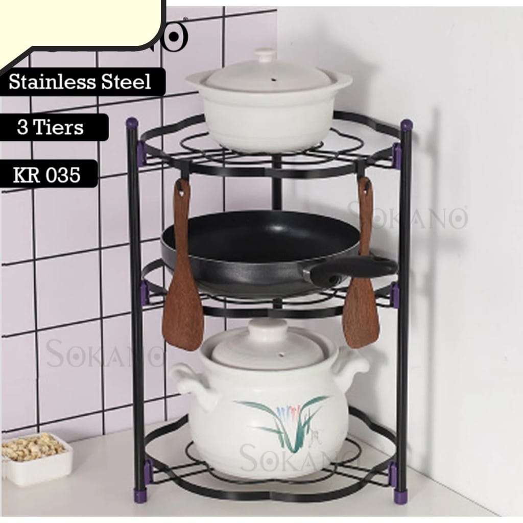 High quality Three layers creative kitchenware organizer  pot rack kitchen shelf storage flower pot rack etc material is thickened Metal: Food grade heavy duty chrome plated steel frame