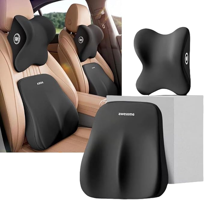 Backrest Memory Foam l Car Seat Headrest Neck Pillow Backrests Set,Summer Driving Headrest/Pillow Relieves Neck Stiffness and Provides Support (Black)                                                 .