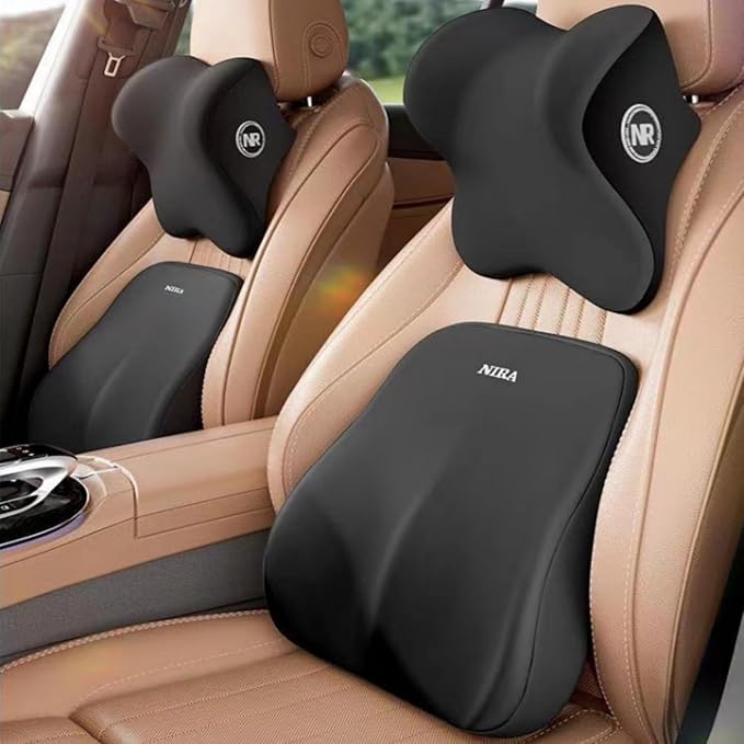 Backrest Memory Foam l Car Seat Headrest Neck Pillow Backrests Set,Summer Driving Headrest/Pillow Relieves Neck Stiffness and Provides Support (Black)                                                 .