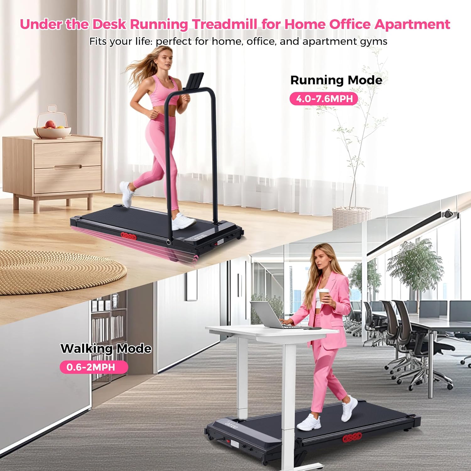 *Foldable / portable Treadmill /Walking Pad  with Handle Bar and Incline, 3.0HP Under Desk Treadmill for Home Small Space, 0.6-7.6MPH Portable Walking Pad Treadmill with Handles,         .           .