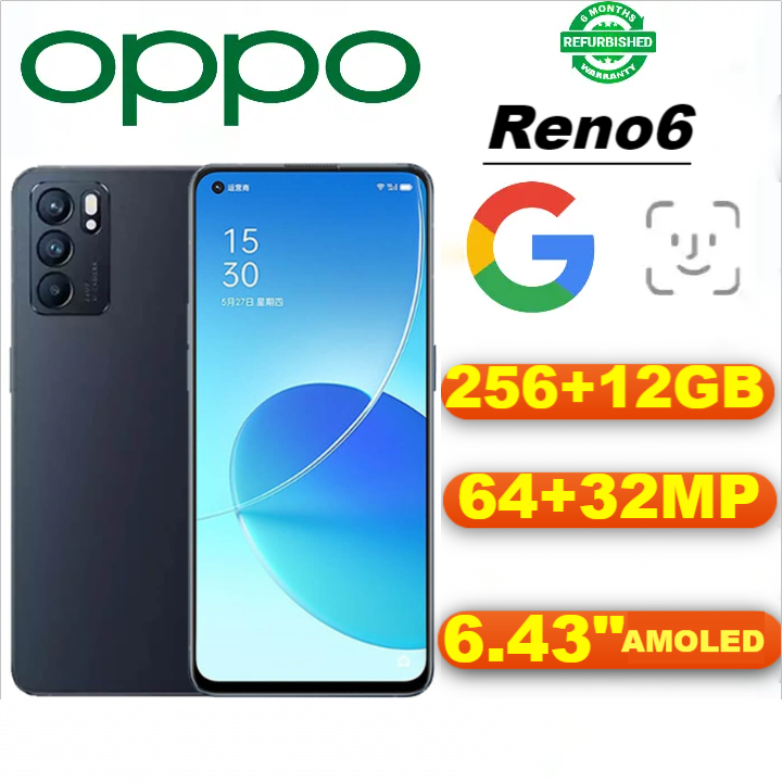 Refurbished OPPO Reno6 5G Smartphones 256GB+12GB 6.43inch AMOLED display 64MP+32MP rear triple camera 4300mAh fast charging face recognition Fingerprint unlock Dual sim OPPO Reno 6 Smartphones