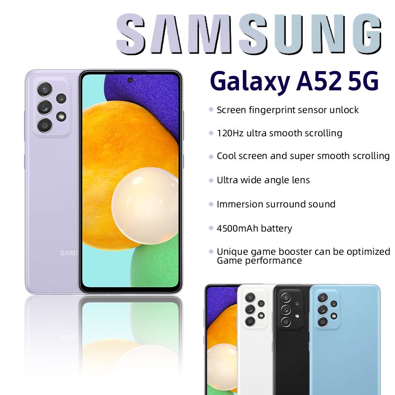 Refurbished Samsung Galaxy A52 Smart Phone 5G 6.5'' 128GB+8GB 64MP Fingerprint unlock phone Dual SIM 5G phone  Refurbished Phone SmartPhones Mobile Phones 128GB phone Samsung phone smartphone