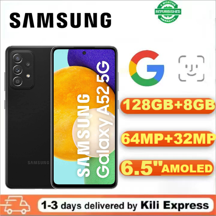 Refurbished Samsung Galaxy A52 Smart Phone 5G 6.5'' 128GB+8GB 64MP Fingerprint unlock phone Dual SIM 5G phone  Refurbished Phone SmartPhones Mobile Phones 128GB phone Samsung phone smartphone