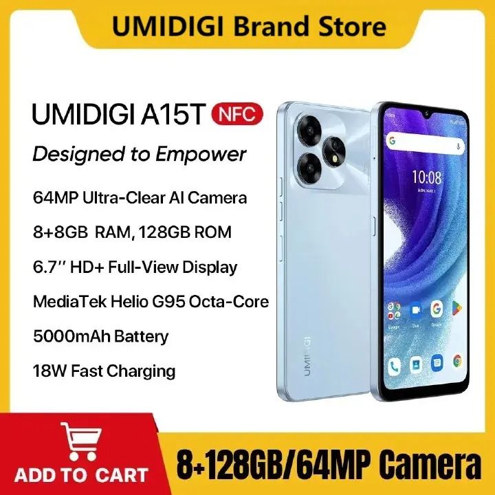 New Arrivals UMIDIGI A15T 16GB(8+8GB)+128GB 6.7'' 64MP 5000mAh Fingerprint unlock phone Dual SIM 4G phone  Refurbished Phone SmartPhones Mobile Phones 128GB phone 4G Phone new phone smartphone