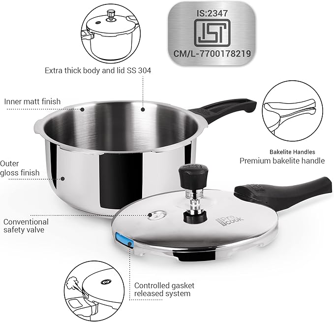 Skytone Pressure Cooker Stainless Steel with Outer Lid, 3 & 5  Litres, Induction and Gas Stove Compatible, Gasket Release System, 5 Years, ISI Certified,