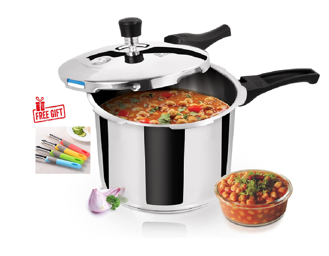 Skytone Pressure Cooker Stainless Steel with Outer Lid, 3 & 5  Litres, Induction and Gas Stove Compatible, Gasket Release System, 5 Years, ISI Certified,