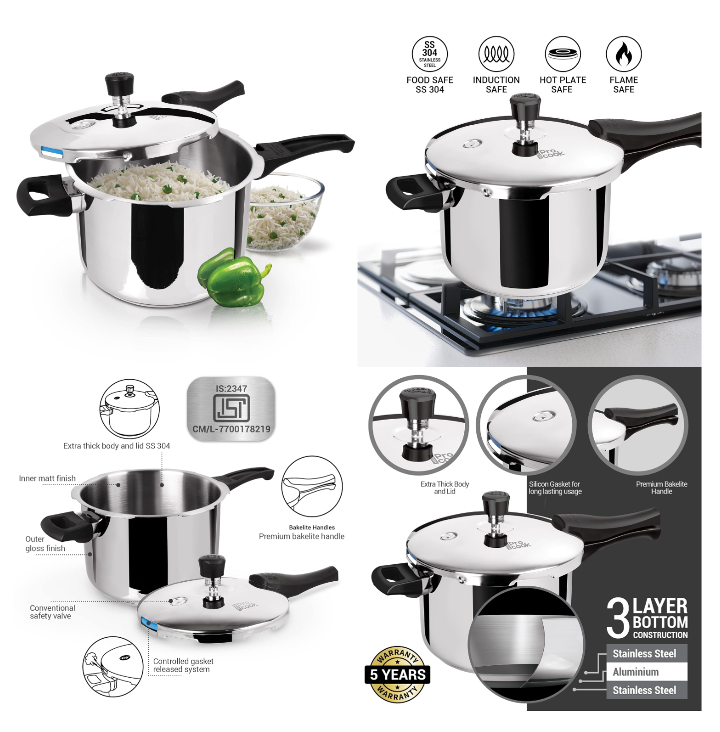 Skytone Pressure Cooker Stainless Steel with Outer Lid, 3 & 5  Litres, Induction and Gas Stove Compatible, Gasket Release System, 5 Years, ISI Certified,