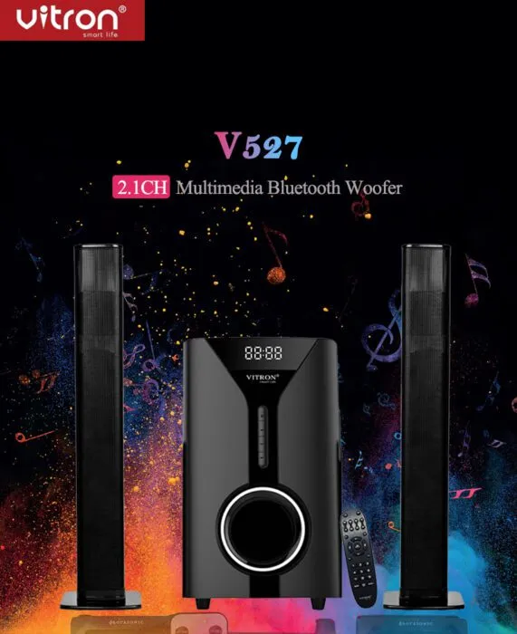 【BIG OFFER】Vitron 2.1CH Multimedia Bluetooth Woofer Speaker System Subwoofer Soundbar BT/USB/SD/FM Subwoofer Home Audilo System Soundbar with Remote Control 9000W V527 Black 9000W v527