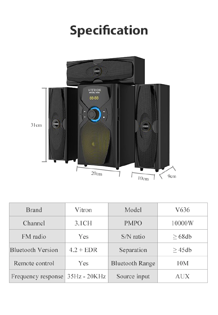 【BIG OFFER】Vitron V636 HOME 2.1CH Multimedia Bluetooth Woofer Speaker System Subwoofer Soundbar BT/USB/SD/FM Subwoofer Home Audilo System Soundbar with Remote Control 9000W V527 Black 9000W v527
