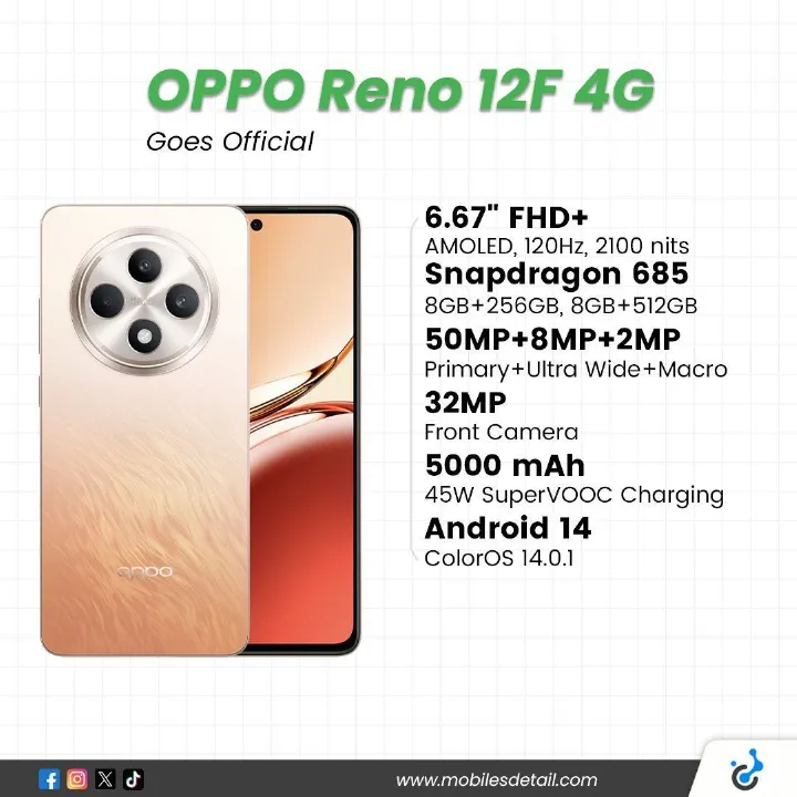 Oppo Reno 12F 4G Key Features RAM: 8GB Storage: 256GB OS: Android 14 ,SMARTPHONES , ColorOS 14 Camera: 50MP + 8MP + 2MP Selfie: 32MP Display: 6.67 inch, AMOLED,120Hz Processor:  smart phone