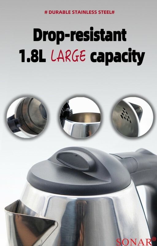 Sonar Stainless Steel 1.8Ltr Electric Kettle,1.5m Power Cord,1500W Fast Boil 1YR WRTY