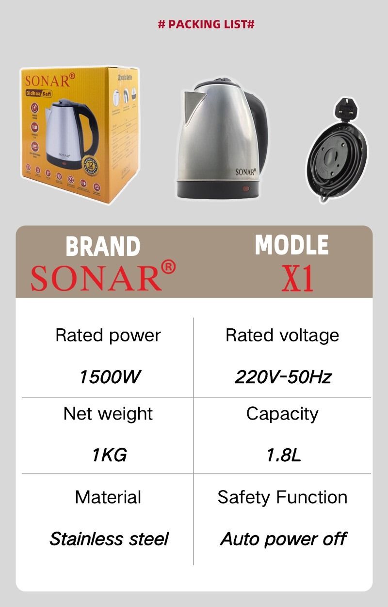 Sonar Stainless Steel 1.8Ltr Electric Kettle,1.5m Power Cord,1500W Fast Boil 1YR WRTY
