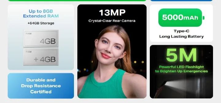 Infinix Smart 9HD 6.7" 3GB RAM/64GB ROM Android 14 GoInfinix Smart 9 HD 6.7" 64GB + 3GB RAM(Expandable upto 6GB) 13MP Dual Camera Dual sim 5000mAh Smartphones