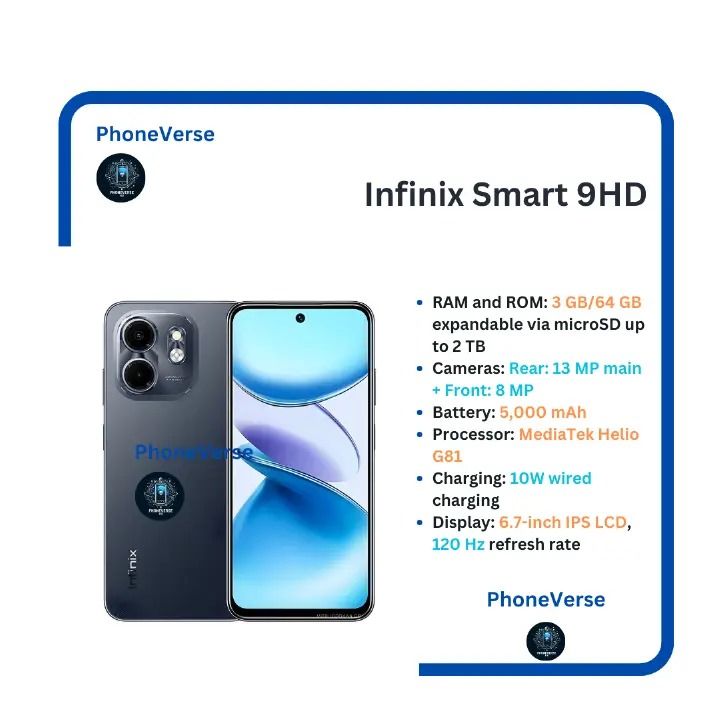 Infinix Smart 9HD 6.7" 3GB RAM/64GB ROM Android 14 GoInfinix Smart 9 HD 6.7" 64GB + 3GB RAM(Expandable upto 6GB) 13MP Dual Camera Dual sim 5000mAh Smartphones
