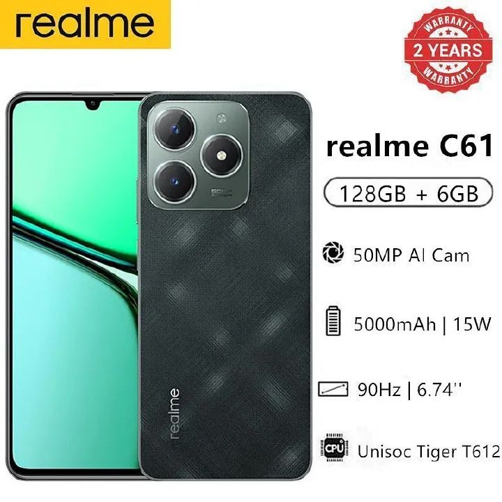 New Arrival realme C61 128GB+6GB 90Hz 6.74'' 50MP 7.84mm Thickness 5000mAh IP54 Waterproof Android 14 Type-C Dual Sim Smart Phones Face and Fingerprint Unlock phone