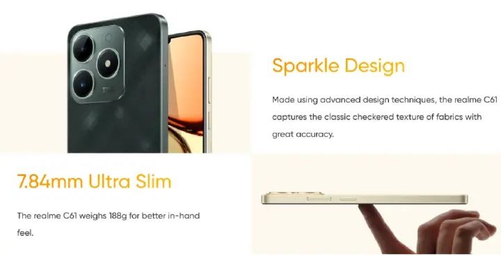 New Arrival realme C61 128GB+6GB 90Hz 6.74'' 50MP 7.84mm Thickness 5000mAh IP54 Waterproof Android 14 Type-C Dual Sim Smart Phones Face and Fingerprint Unlock phone