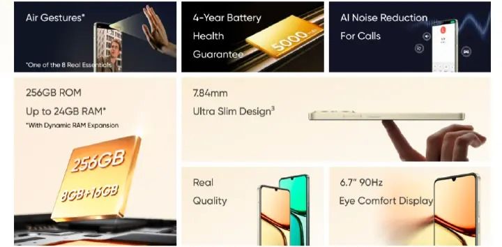 New Arrival realme C61 128GB+6GB 90Hz 6.74'' 50MP 7.84mm Thickness 5000mAh IP54 Waterproof Android 14 Type-C Dual Sim Smart Phones Face and Fingerprint Unlock phone