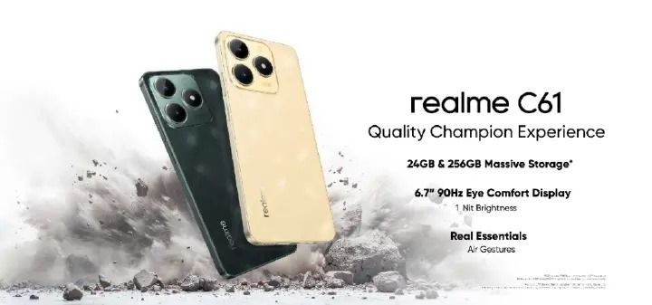 New Arrival realme C61 128GB+6GB 90Hz 6.74'' 50MP 7.84mm Thickness 5000mAh IP54 Waterproof Android 14 Type-C Dual Sim Smart Phones Face and Fingerprint Unlock phone