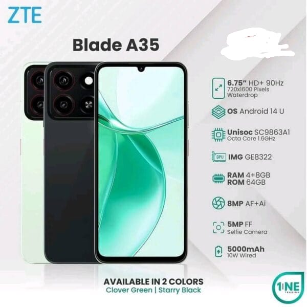[NEW ARRIVAL] Brand New ZTE Blade A35 64 GB ROM 12GB (4+8) RAM 6.75 inches Octa-core Android 14 DUAL SIM 8MP main camera 2MP selfie camera smartphones.