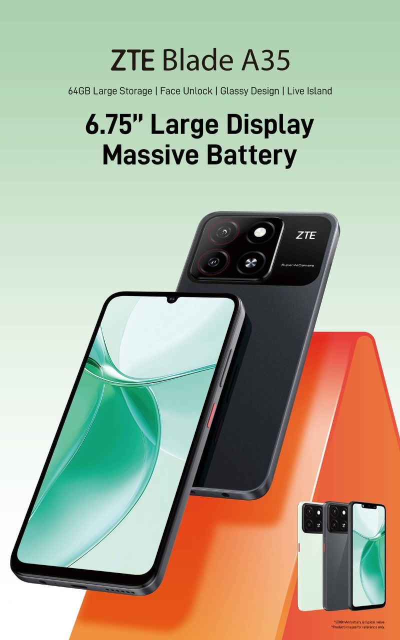 [NEW ARRIVAL] Brand New ZTE Blade A35 64 GB ROM 12GB (4+8) RAM 6.75 inches Octa-core Android 14 DUAL SIM 8MP main camera 2MP selfie camera smartphones.