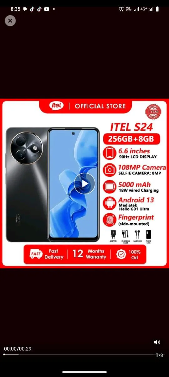 Itel S24 128GB+8(4+4)GB RAM 6.6" 90HZ Screen Dual SIM 4G Network Phone Fingerprint Unlock 18W 5000 mAh Battery Android 13 MTK Helio G91 Ultra Smart Phones