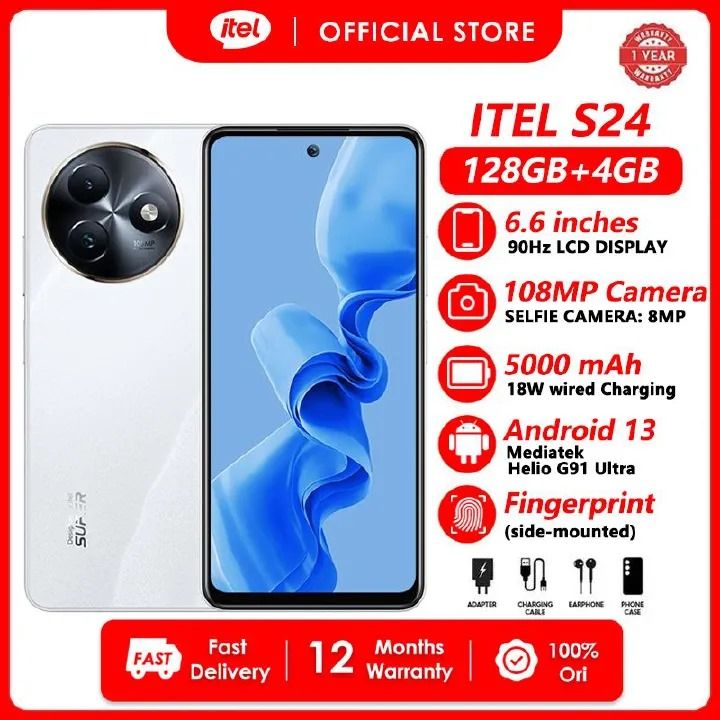 Itel S24 128GB+8(4+4)GB RAM 6.6" 90HZ Screen Dual SIM 4G Network Phone Fingerprint Unlock 18W 5000 mAh Battery Android 13 MTK Helio G91 Ultra Smart Phones