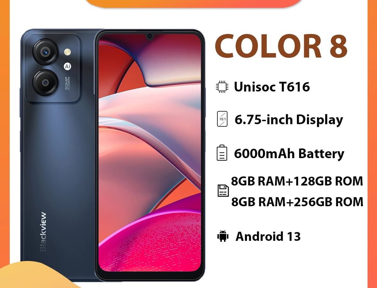 [NEW ARRIVAL]  BLACKVIEW COLOR 8  8 GB RAM 256 GB ROM PS LCD, 90Hz,Android 13, Unisoc Tiger T616 (12 nm) Unisoc Tiger T616 (12 nm) 6000 mAh Nano-SIM + Nano-SIM smartphones