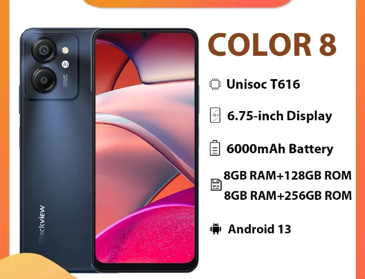 [NEW ARRIVAL]  BLACKVIEW COLOR 8  8 GB RAM 256 GB ROM PS LCD, 90Hz,Android 13, Unisoc Tiger T616 (12 nm) Unisoc Tiger T616 (12 nm) 6000 mAh Nano-SIM + Nano-SIM smartphones