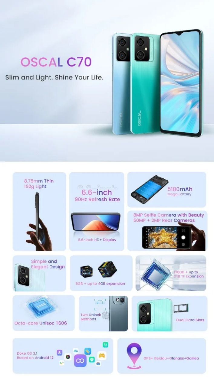 BLACKVIEW OSCAL C70, 6.56 INCHES, 128GB ROM + 8GB RAM, DUAL SIM, 50MP BACK CAMERA AND 8 MP FRONT CAMERA, 5180 mAh BATTERY, ANDROID 12 SMARTPHONES