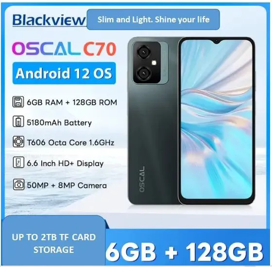 BLACKVIEW OSCAL C70, 6.56 INCHES, 128GB ROM + 8GB RAM, DUAL SIM, 50MP BACK CAMERA AND 8 MP FRONT CAMERA, 5180 mAh BATTERY, ANDROID 12 SMARTPHONES