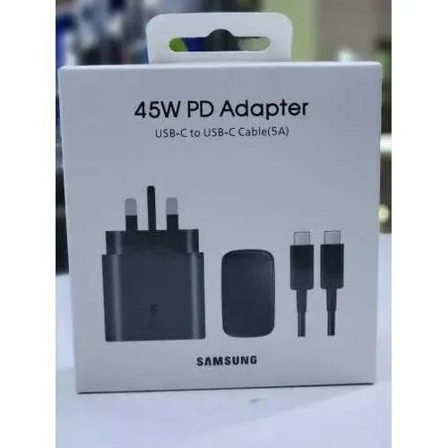 45 W Fast Charger 25W Adapter. Made in Vietnam Interface; USB type C to USB type C (USB-C to USB-C) port on adapter. cable not included. Colour ; Black Charger type; Wall charger 25W, PD 3.0 W