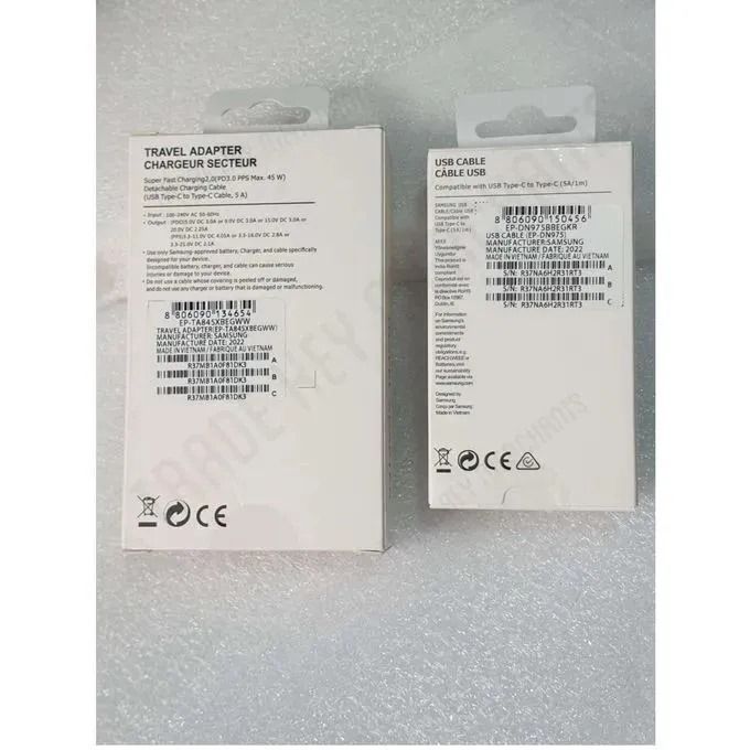 45 W Fast Charger 25W Adapter. Made in Vietnam Interface; USB type C to USB type C (USB-C to USB-C) port on adapter. cable not included. Colour ; Black Charger type; Wall charger 25W, PD 3.0 W