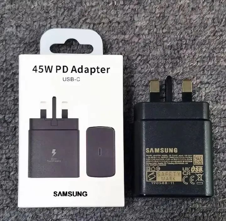 45 W Fast Charger 25W Adapter. Made in Vietnam Interface; USB type C to USB type C (USB-C to USB-C) port on adapter. cable not included. Colour ; Black Charger type; Wall charger 25W, PD 3.0 W