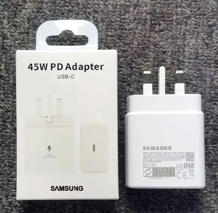 45 W Fast Charger 25W Adapter. Made in Vietnam Interface; USB type C to USB type C (USB-C to USB-C) port on adapter. cable not included. Colour ; Black Charger type; Wall charger 25W, PD 3.0 W