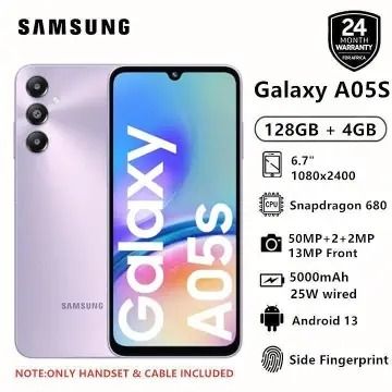 [BRAND NEW] SAMSUNG GALAXY A05s 128GB ROM 4GBRAM   Android 13 Qualcomm Snapdragon 680  50MP F1.8 + 2MP F2.4 + 2MP F2.4 front camera 13MP F2.0 6.7 Inches, 1080 x 2400 Pixels 5000mAh, Li-Po smartphones(