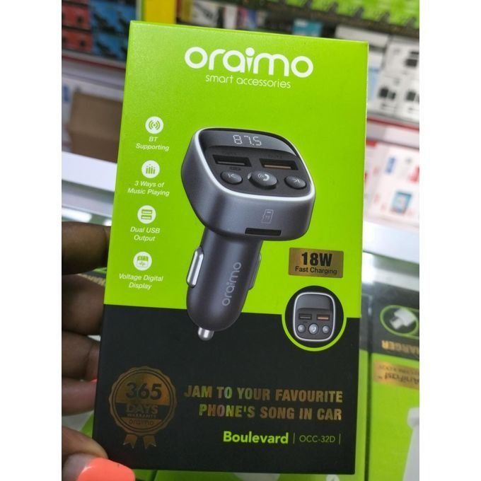 Oraimo Original Car Charger Boulevard 18W Fast Charging Music Playing,FM Player, Dual USB Smart Modulator
