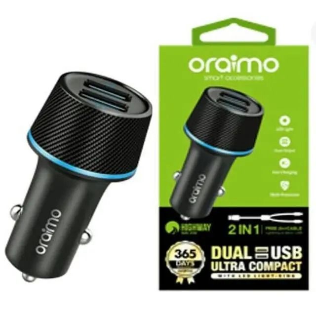 Oraimo Original Car Charger2 in 1 cable  Highway OCC-21D 18W Fast Charging Music Playing,FM Player, Dual USB Smart Modulator