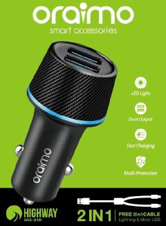 Oraimo Original Car Charger2 in 1 cable  Highway OCC-21D 18W Fast Charging Music Playing,FM Player, Dual USB Smart Modulator