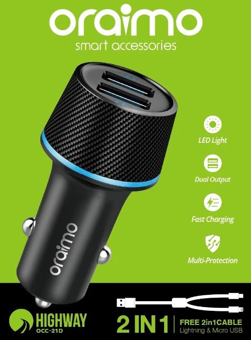 Oraimo Original Car Charger2 in 1 cable  Highway OCC-21D 18W Fast Charging Music Playing,FM Player, Dual USB Smart Modulator