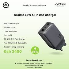[ORIGINAL] ORAIMO 65W All In One Charger 2 type c ports 1 type A out port Gan build QC&PD& PE Fast Charge Support Laptop Charging Automobile charger