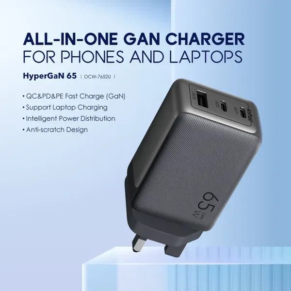 [ORIGINAL] ORAIMO 65W All In One Charger 2 type c ports 1 type A out port Gan build QC&PD& PE Fast Charge Support Laptop Charging Automobile charger