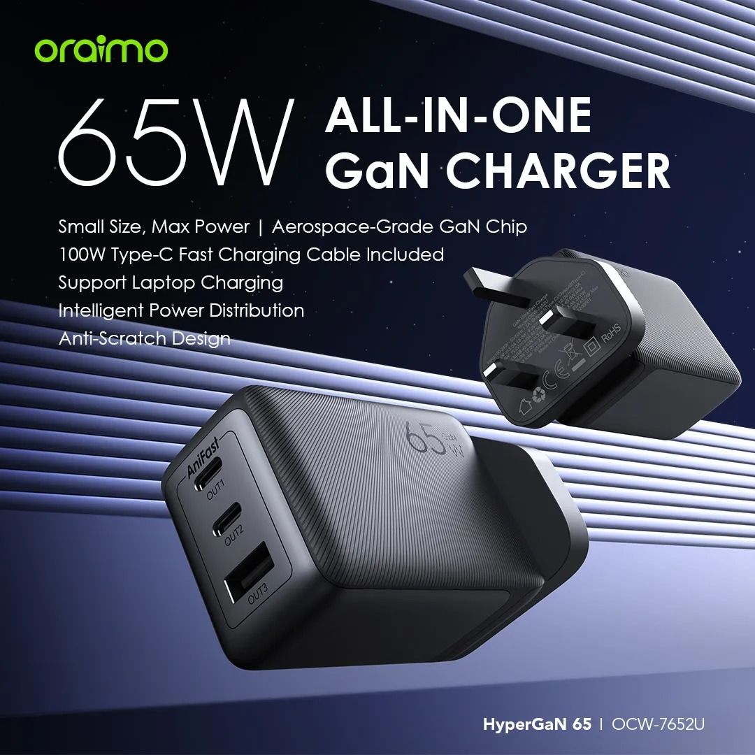 [ORIGINAL] ORAIMO 65W All In One Charger 2 type c ports 1 type A out port Gan build QC&PD& PE Fast Charge Support Laptop Charging Automobile charger