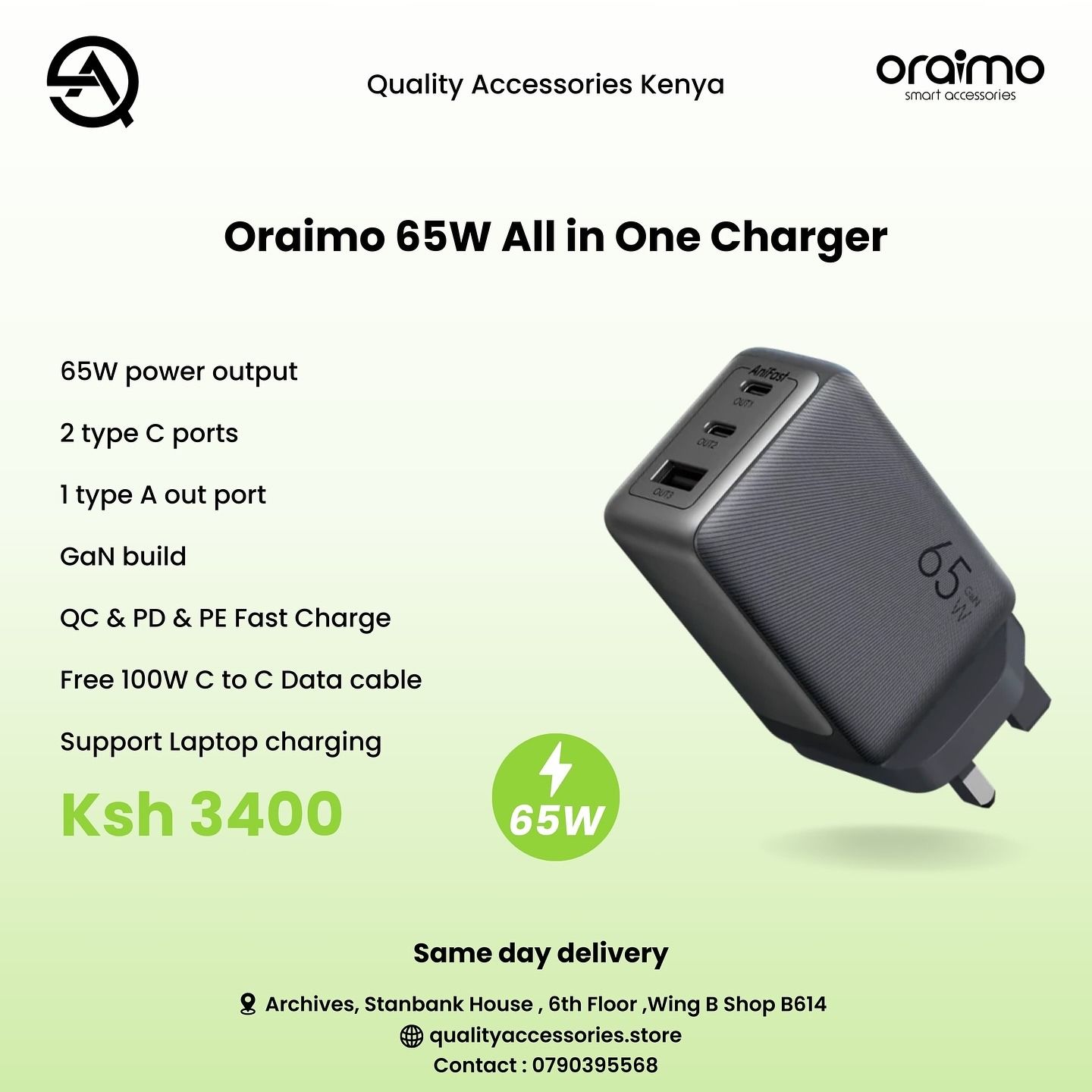 [ORIGINAL] ORAIMO 65W All In One Charger 2 type c ports 1 type A out port Gan build QC&PD& PE Fast Charge Support Laptop Charging Automobile charger